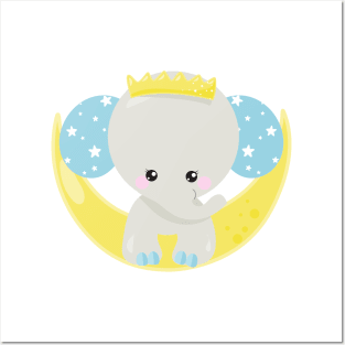 Cute Elephant, Elephant On The Moon, Crown, Stars Posters and Art